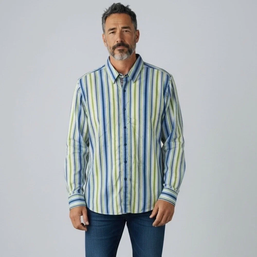 Robert Graham‎ Button Down Shirt Mens 2XL Blue Green Striped Classic Fit EUC
